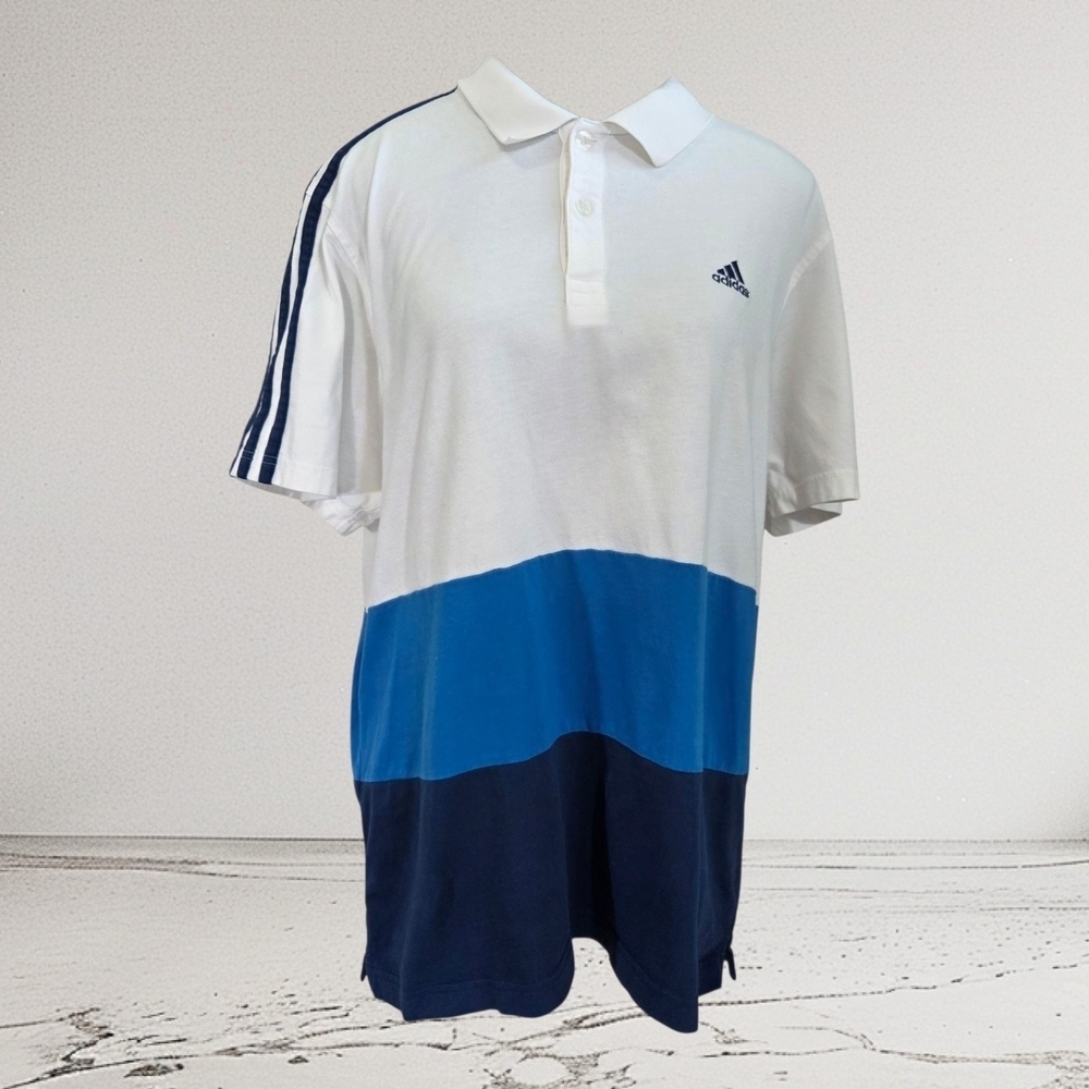 Adidas Men's Polo Shirt in White and Blue Tones Size L